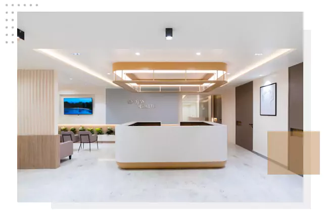 Modern reception at Ojas Health Hospital, Mylapore, Chennai.