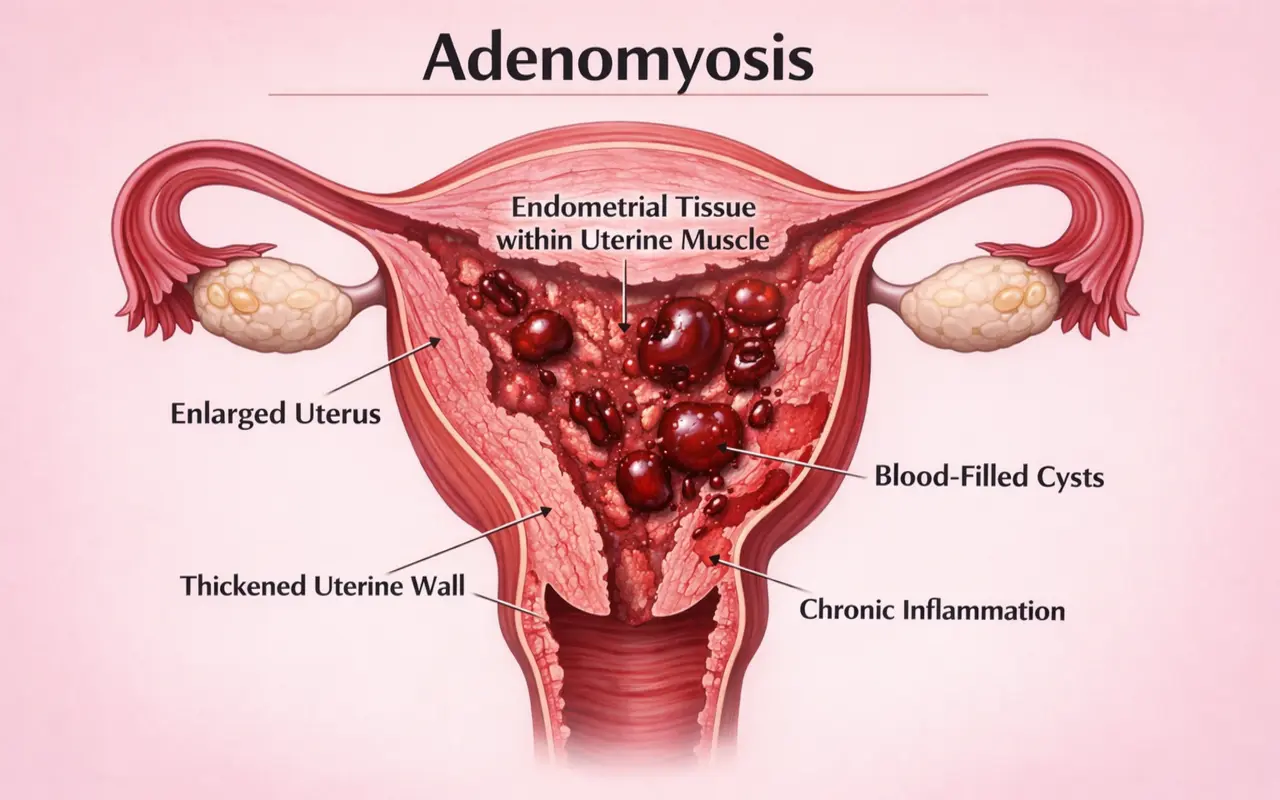 Illustration explaining adenomyosis and its effect on the uterus